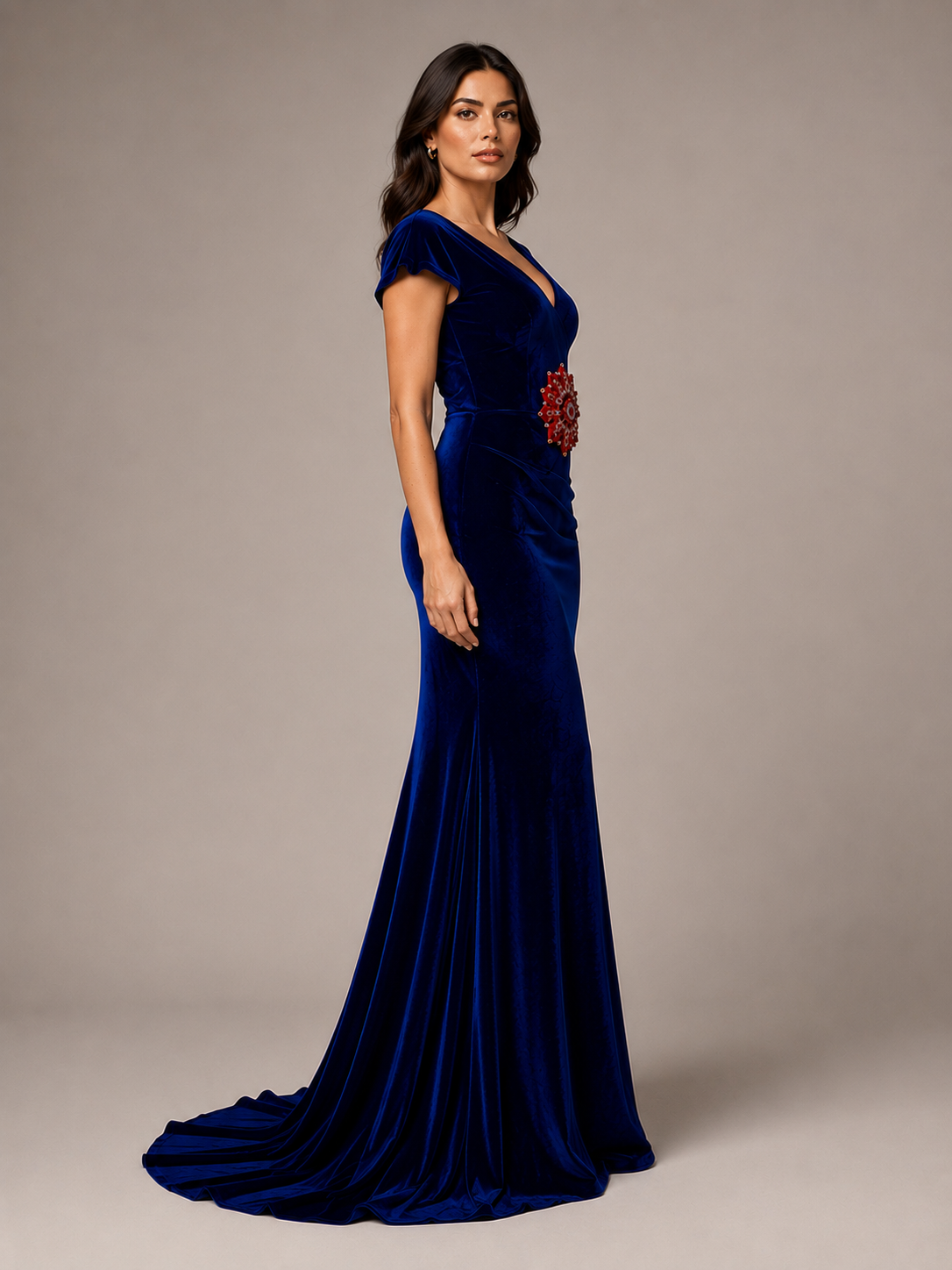 Royal Blue Velvet Gown with Red Jewel Brooch