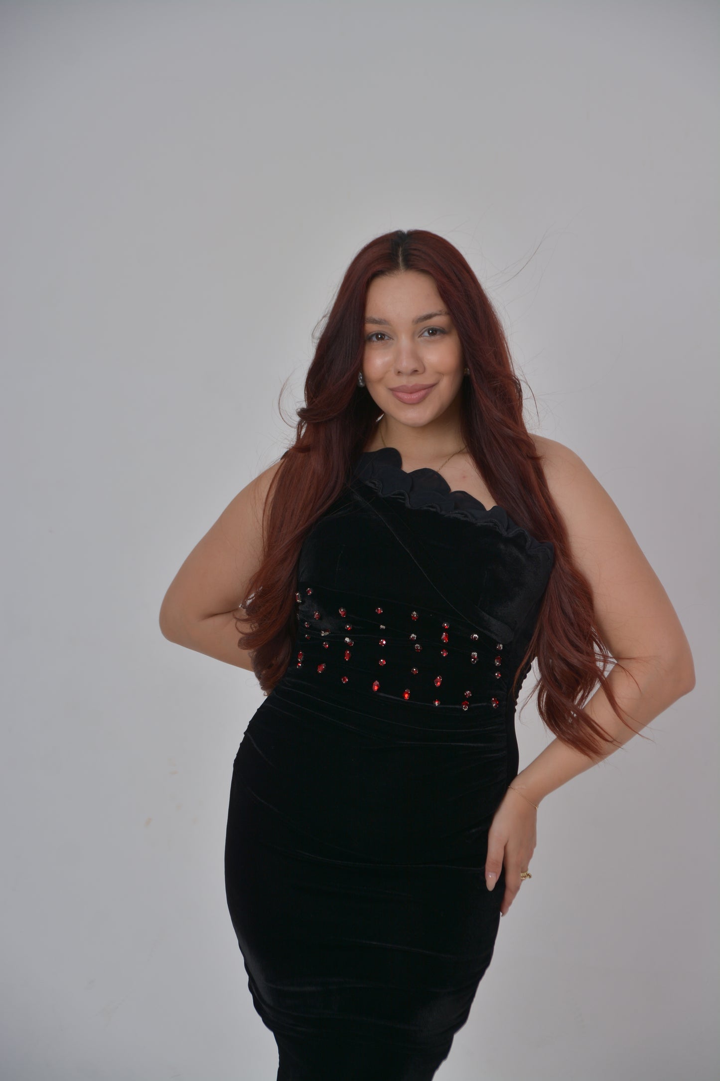 Sophisticated Black Velvet Bodycon Dress with Red Embellishments