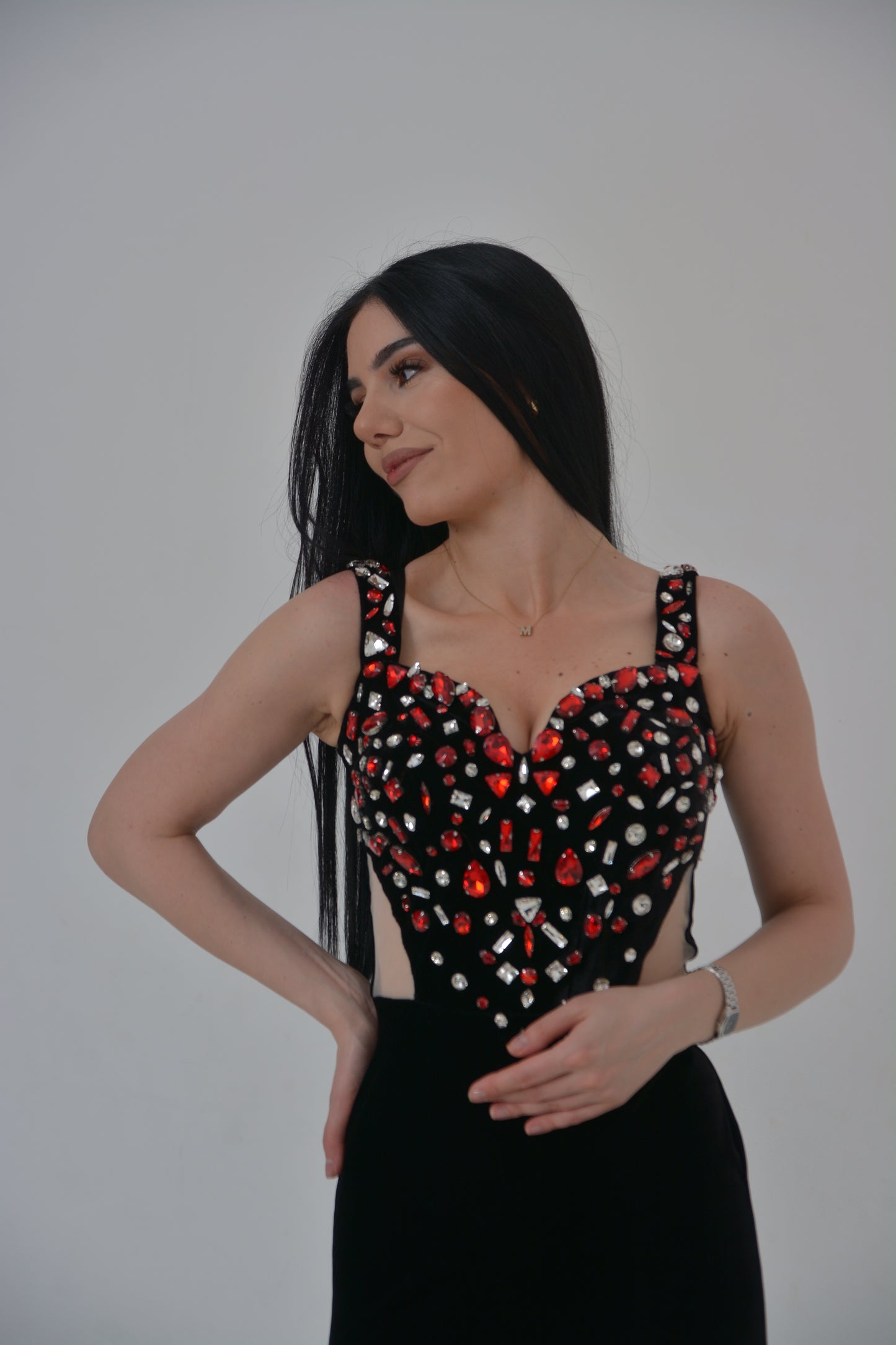Black Cut-Out Velvet Gown with Red Crystal Embellishments
