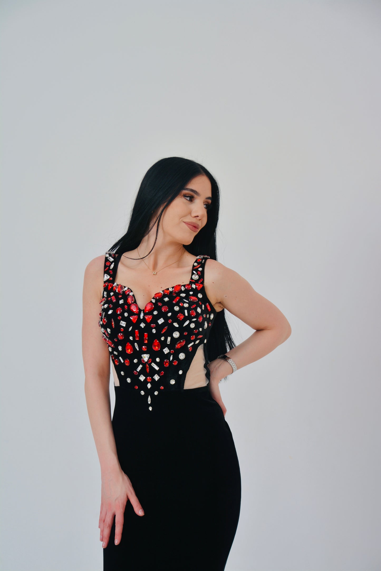 Black Cut-Out Velvet Gown with Red Crystal Embellishments