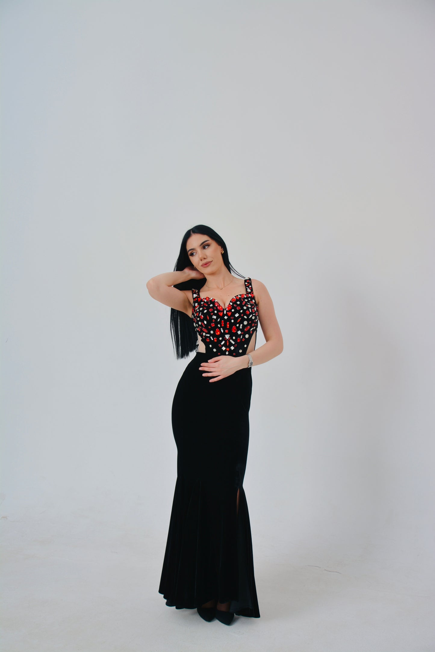 Black Cut-Out Velvet Gown with Red Crystal Embellishments