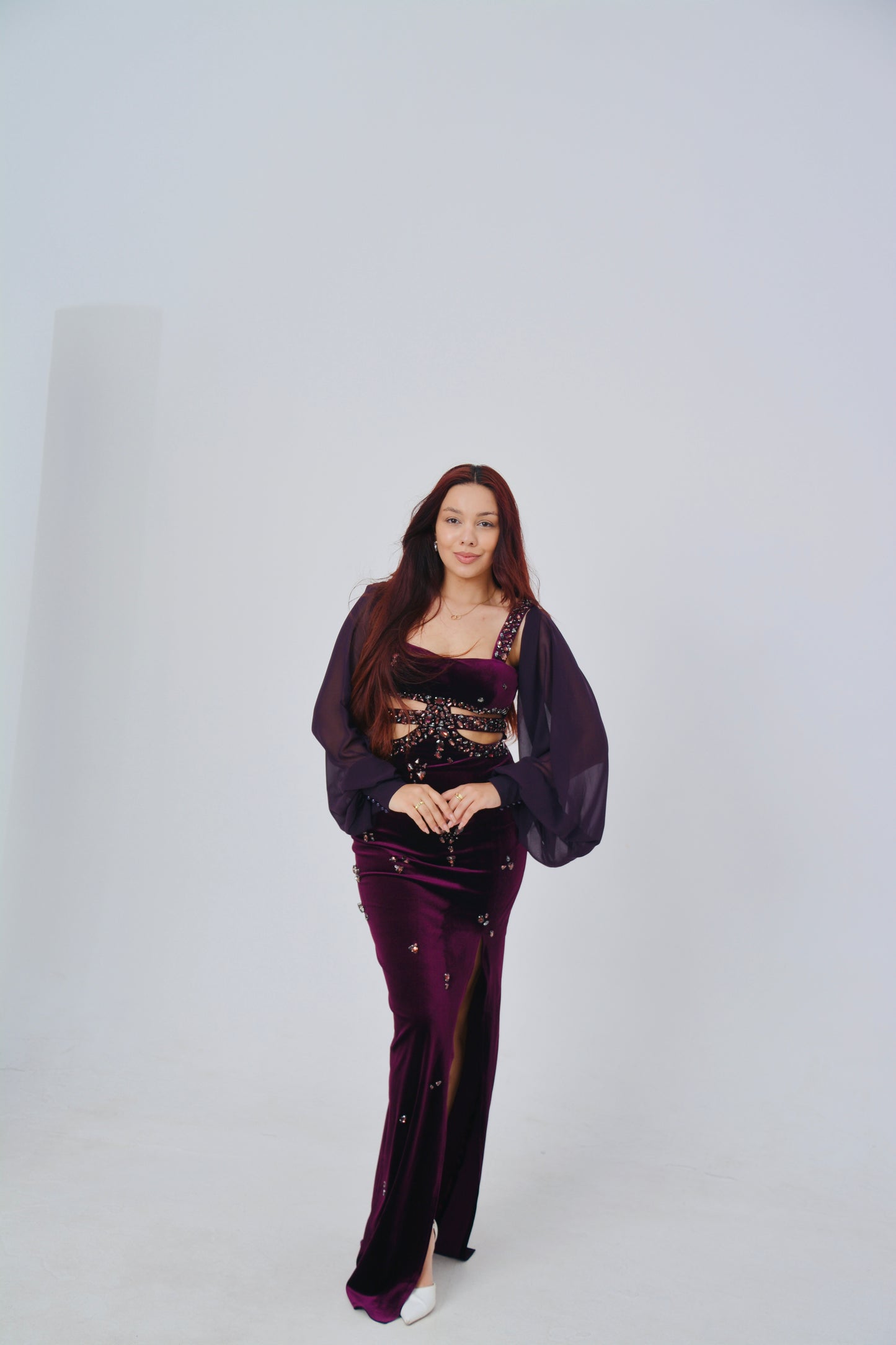Plum Velvet Cut-Out Gown with Embellished Sleeves