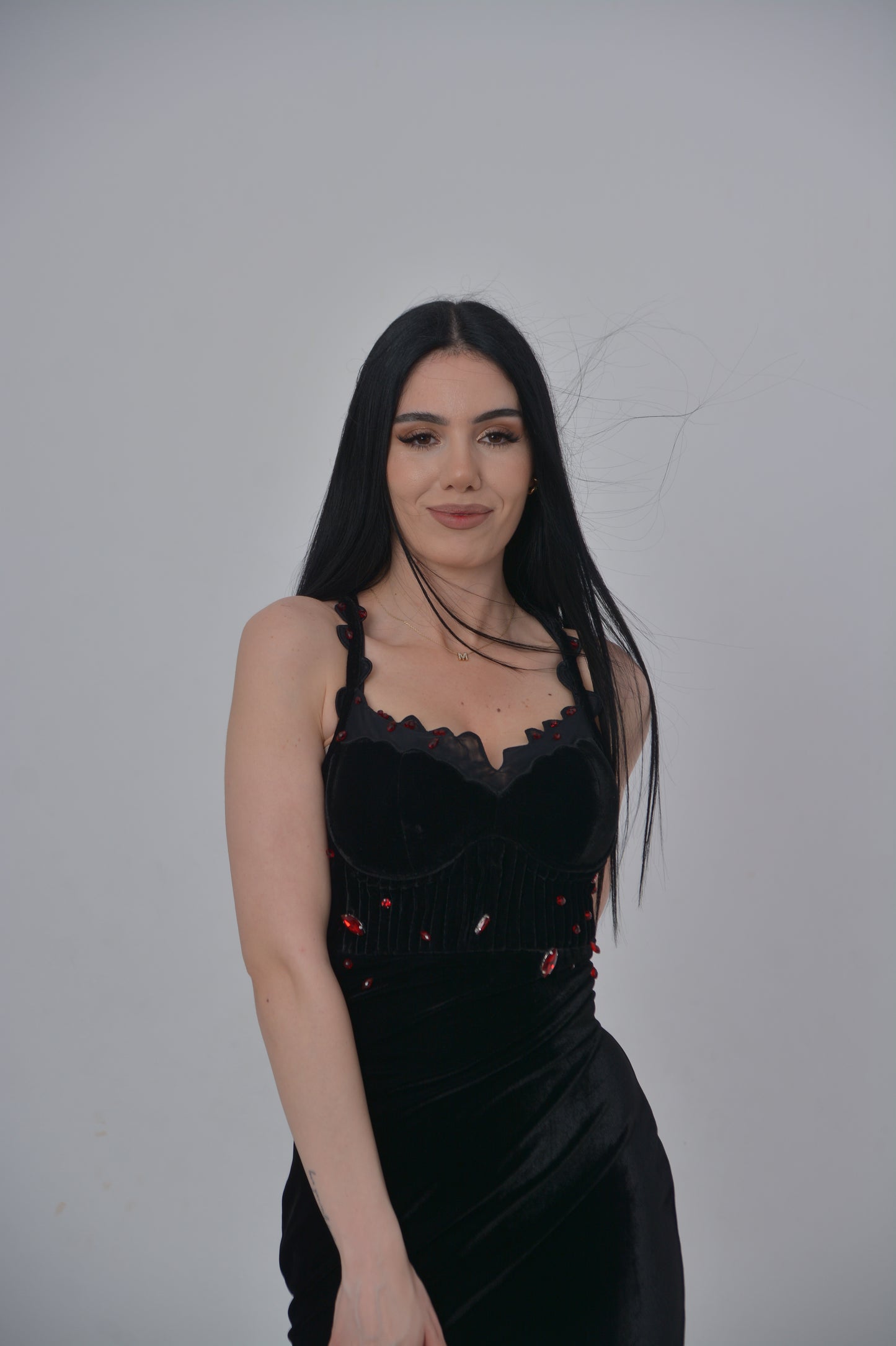 Elegant Black Velvet Midi Dress with Lace Detail