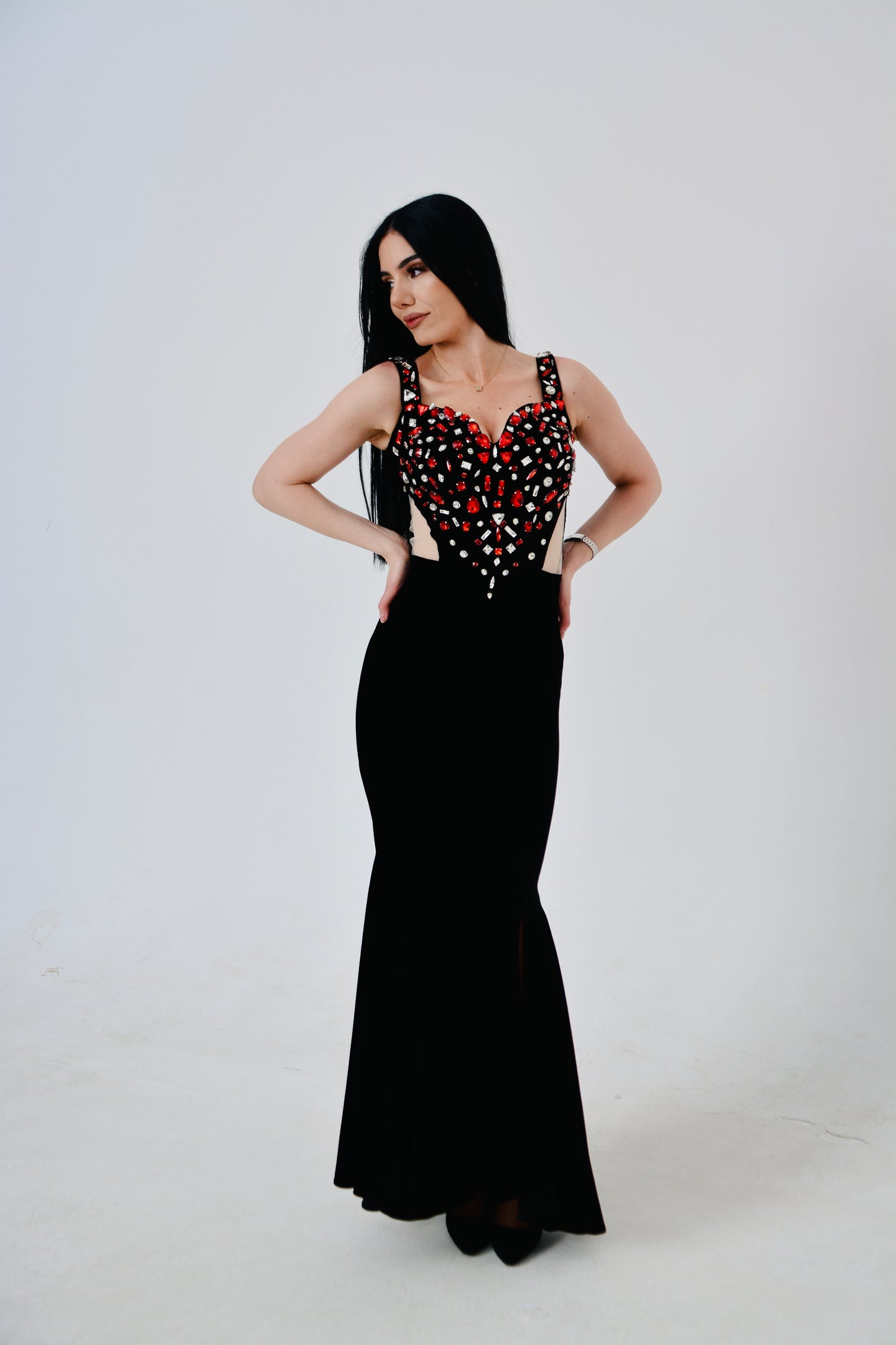 Black Cut-Out Velvet Gown with Red Crystal Embellishments
