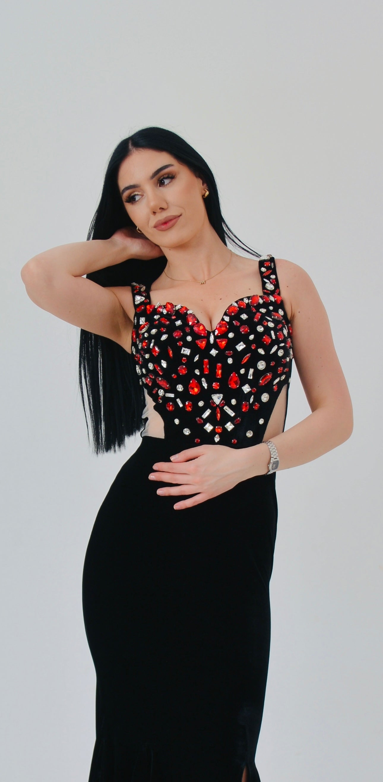 Black Cut-Out Velvet Gown with Red Crystal Embellishments