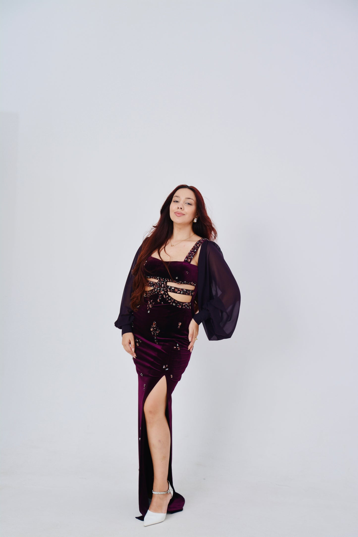 Plum Velvet Cut-Out Gown with Embellished Sleeves