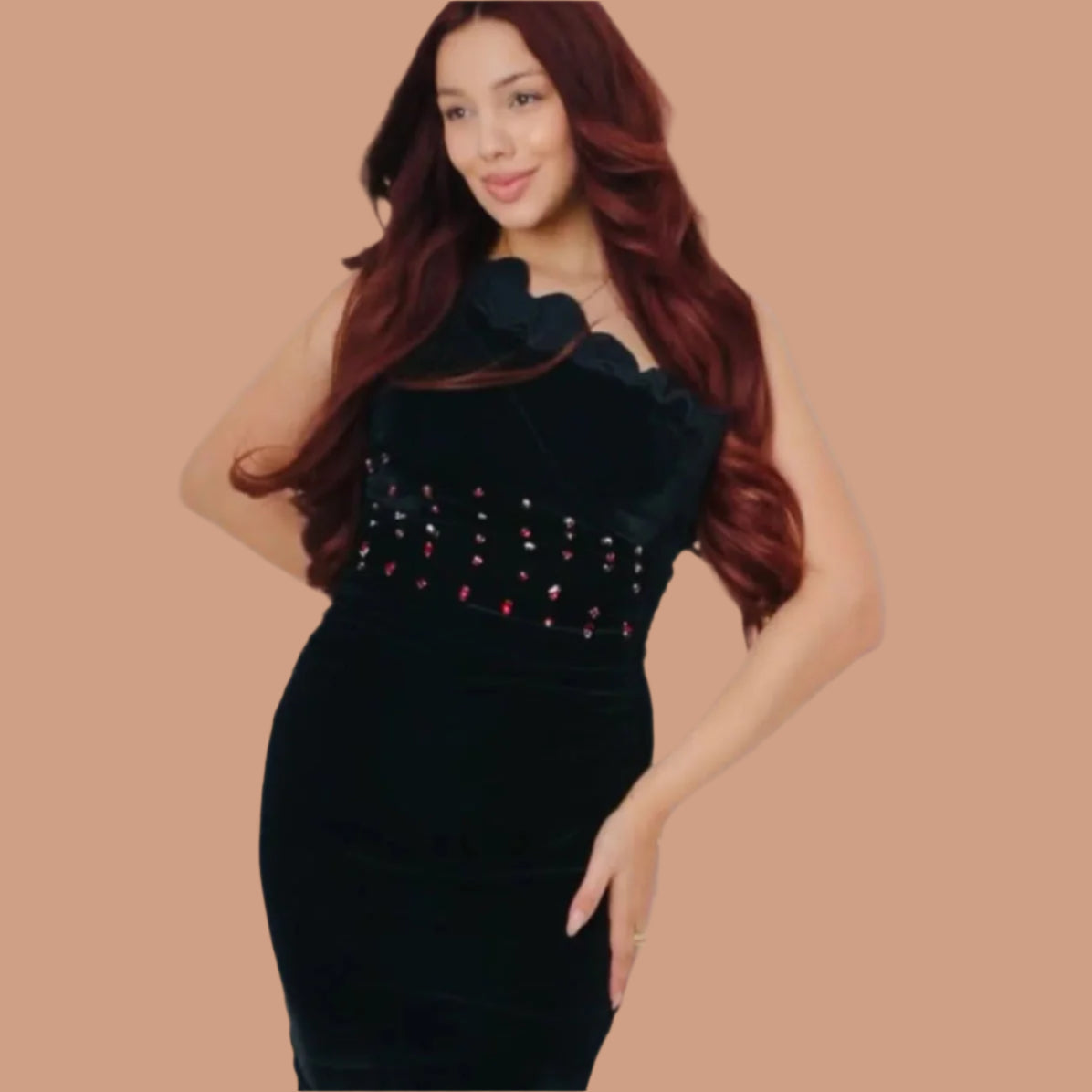 Sophisticated Black Velvet Bodycon Dress with Red Embellishments