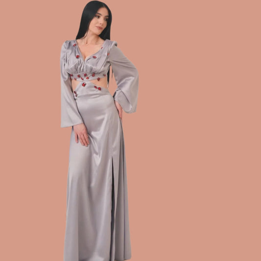 Elegant Silver Satin Cut-Out Evening Gown with Embellishments