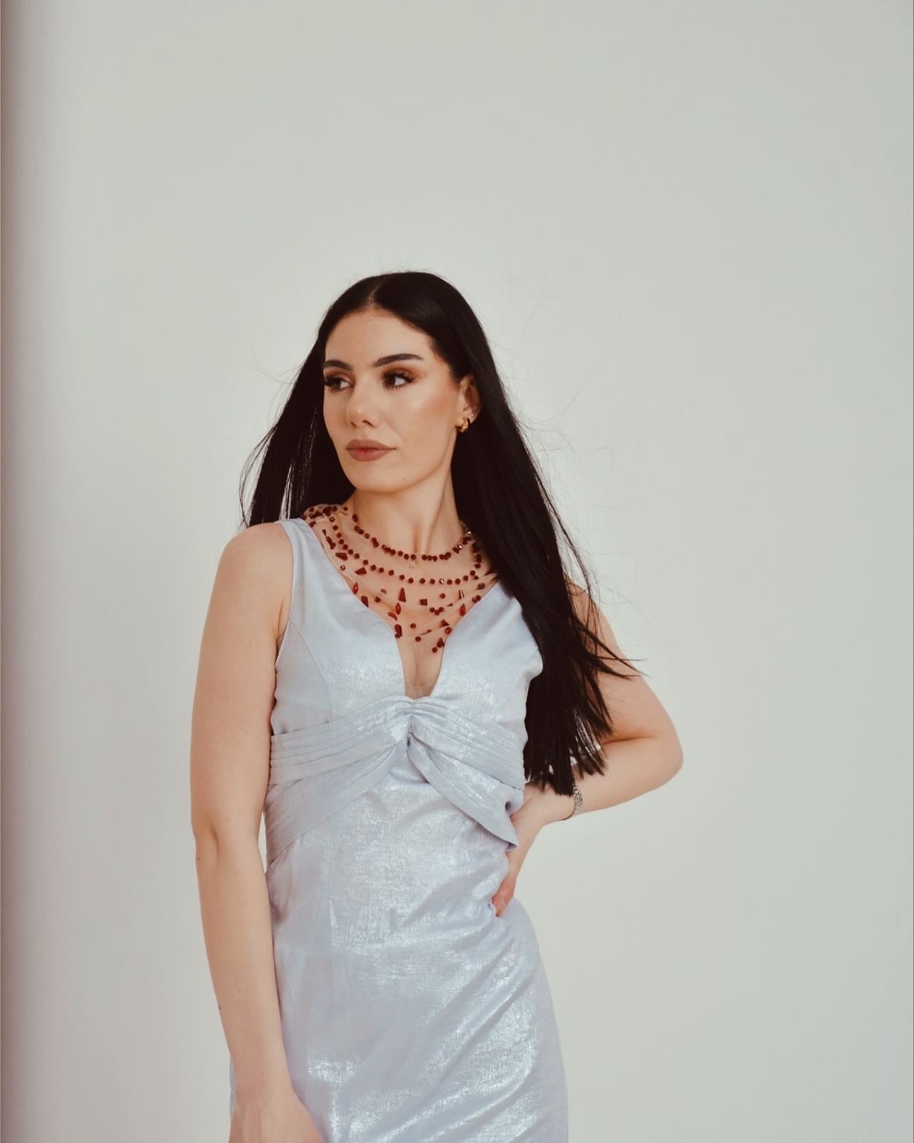 Silver Shimmer Midi Dress with Bow Detail