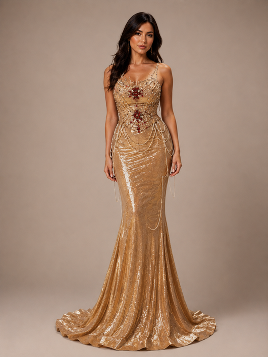 Luxury Gold Embellished Corset & Mermaid Skirt Set