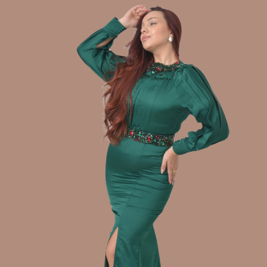Emerald Satin Gown with Beaded Neckline and Waist