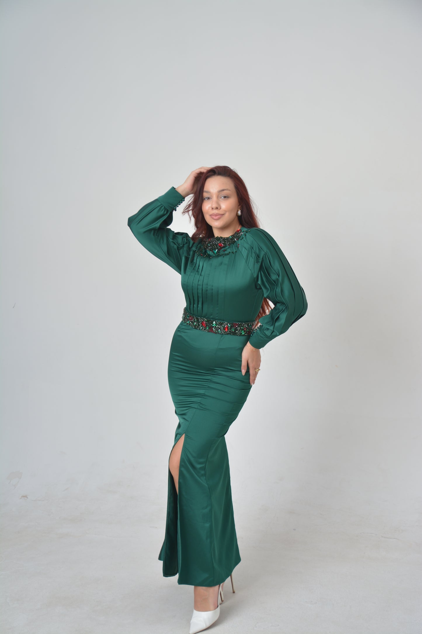 Emerald Satin Gown with Beaded Neckline and Waist