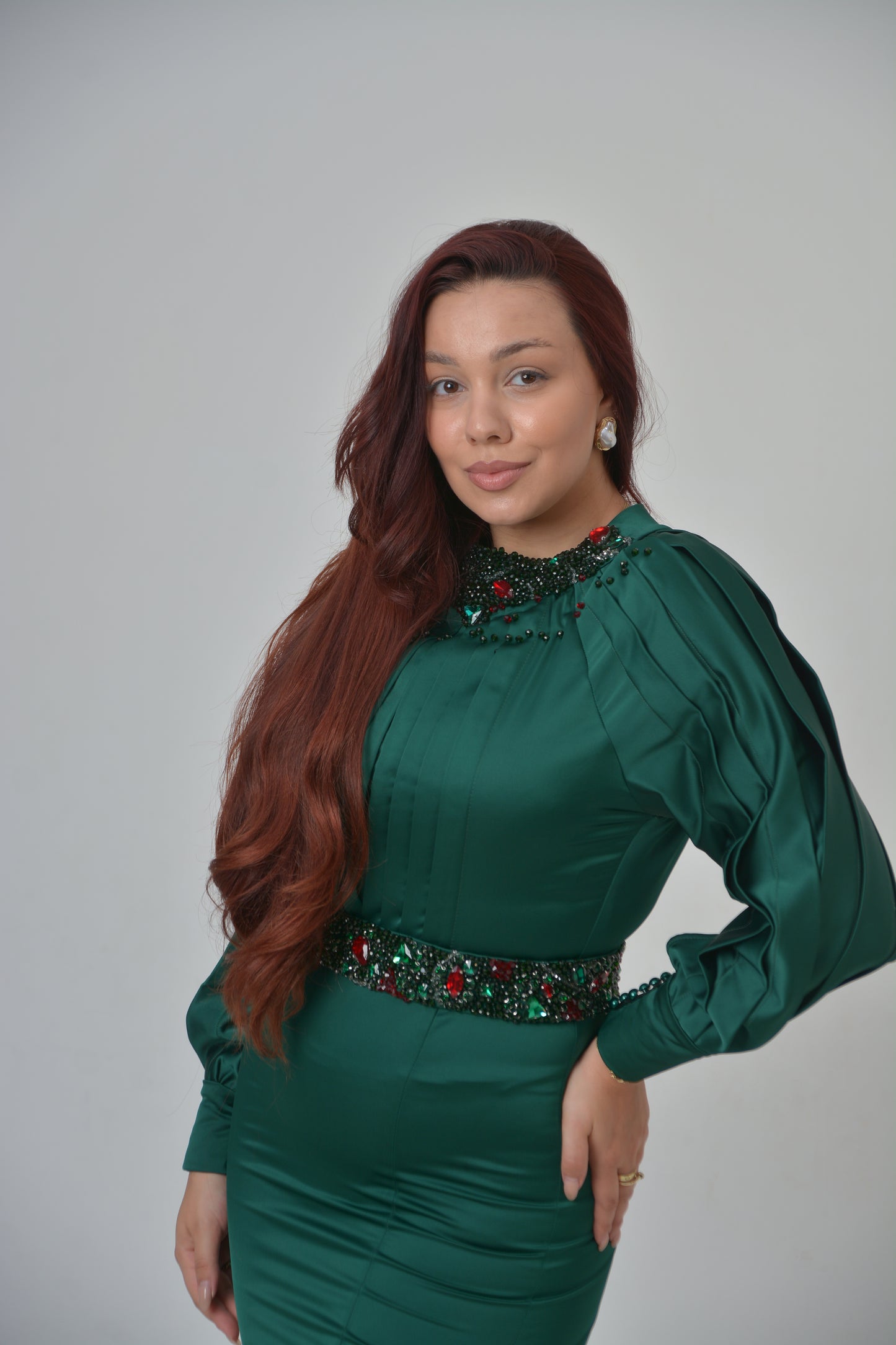 Emerald Satin Gown with Beaded Neckline and Waist
