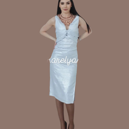 Silver Shimmer Midi Dress with Bow Detail
