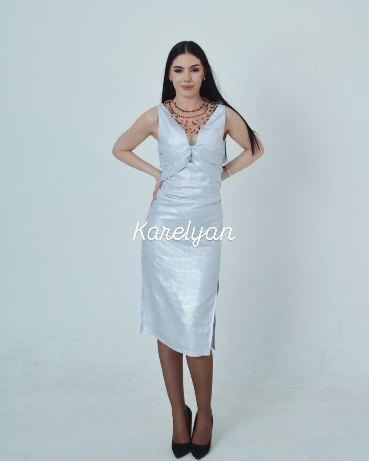 Silver Shimmer Midi Dress with Bow Detail