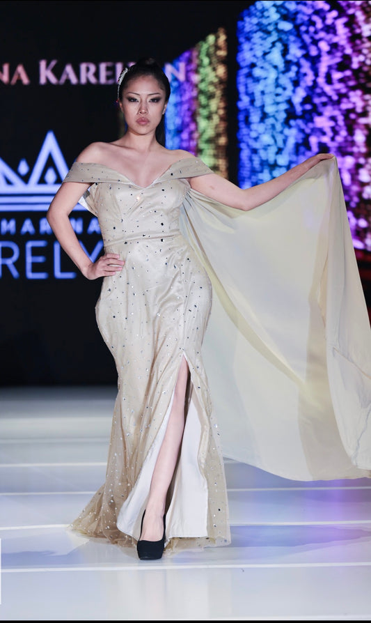 Champagne Crystal Gown with Flowing Cape – Marina Karelyan Couture