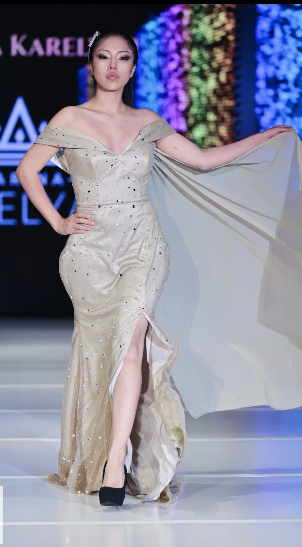 Champagne Crystal Gown with Flowing Cape – Marina Karelyan Couture