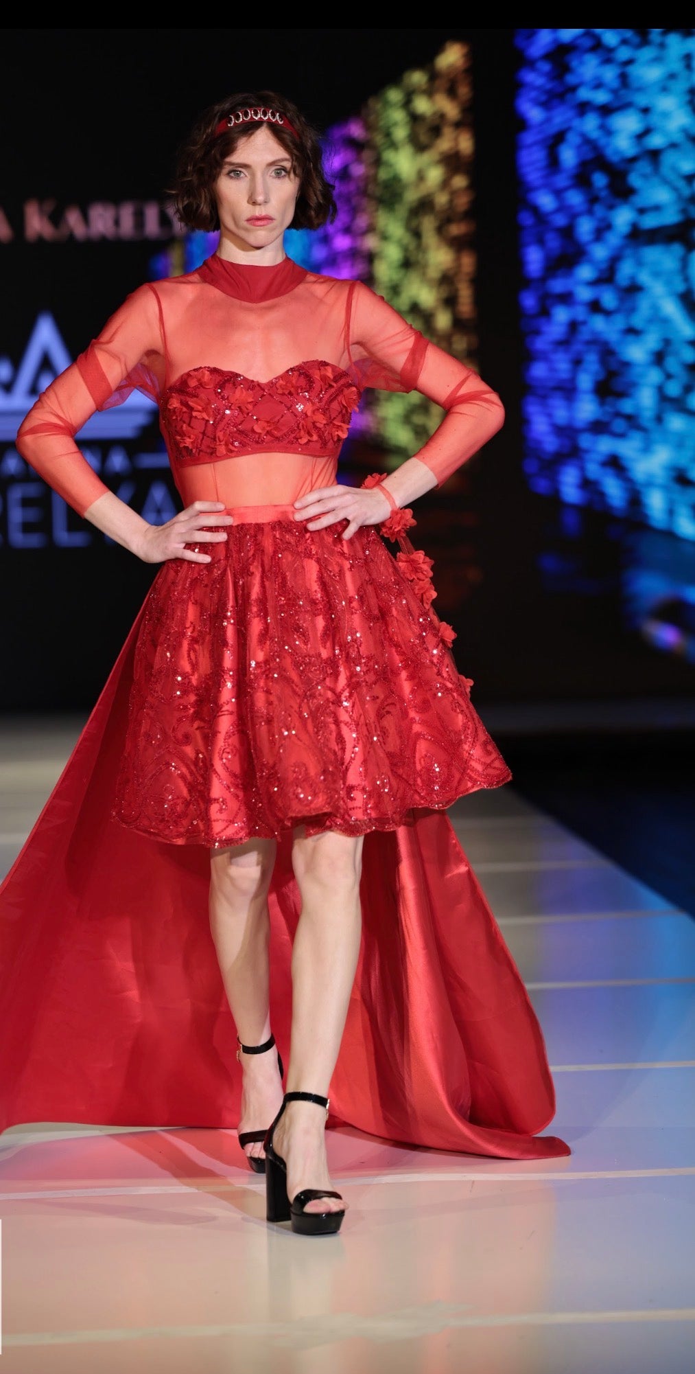 Red Sheer Embellished High-Low Gown – Marina Karelyan Coutur