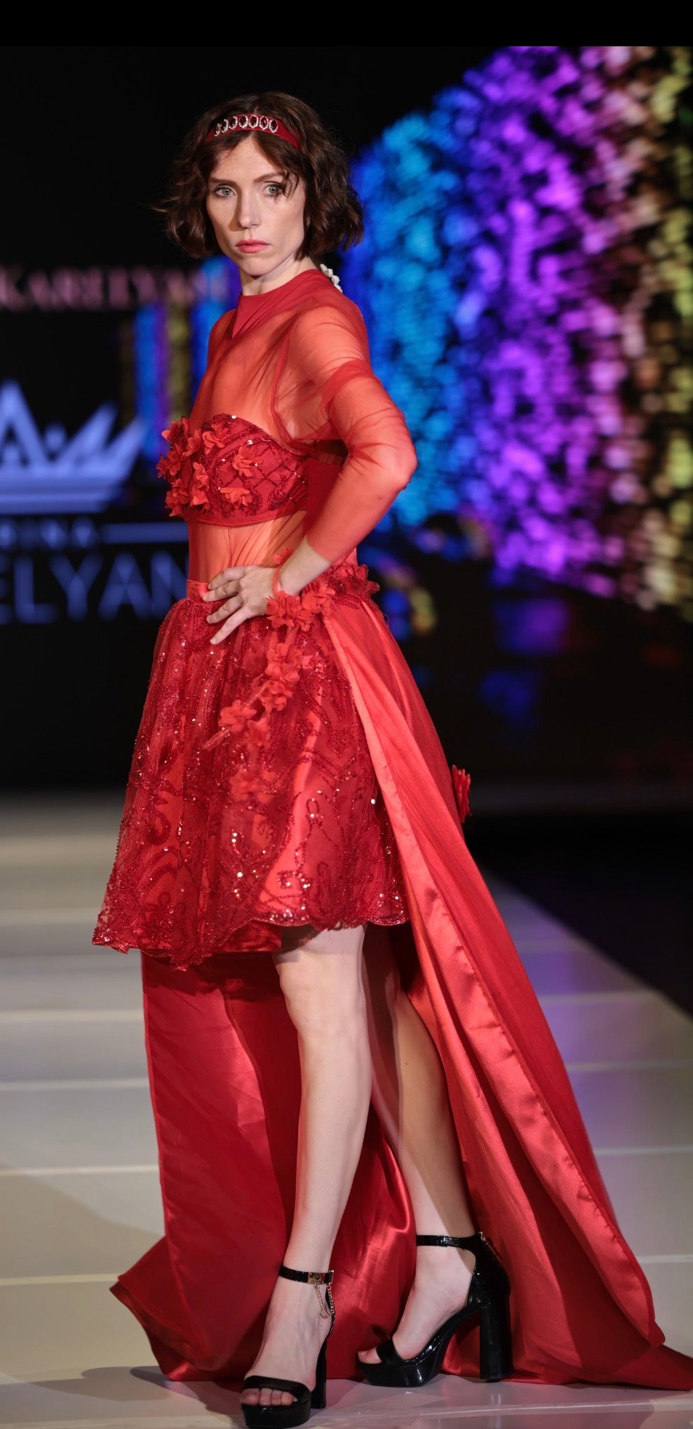 Red Sheer Embellished High-Low Gown – Marina Karelyan Coutur