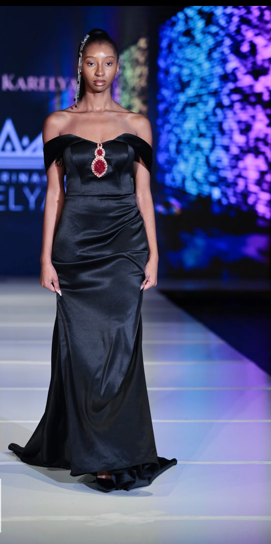 Black Off-Shoulder Gown with Signature Pomegranate Stone – Marina Karelyan Couture