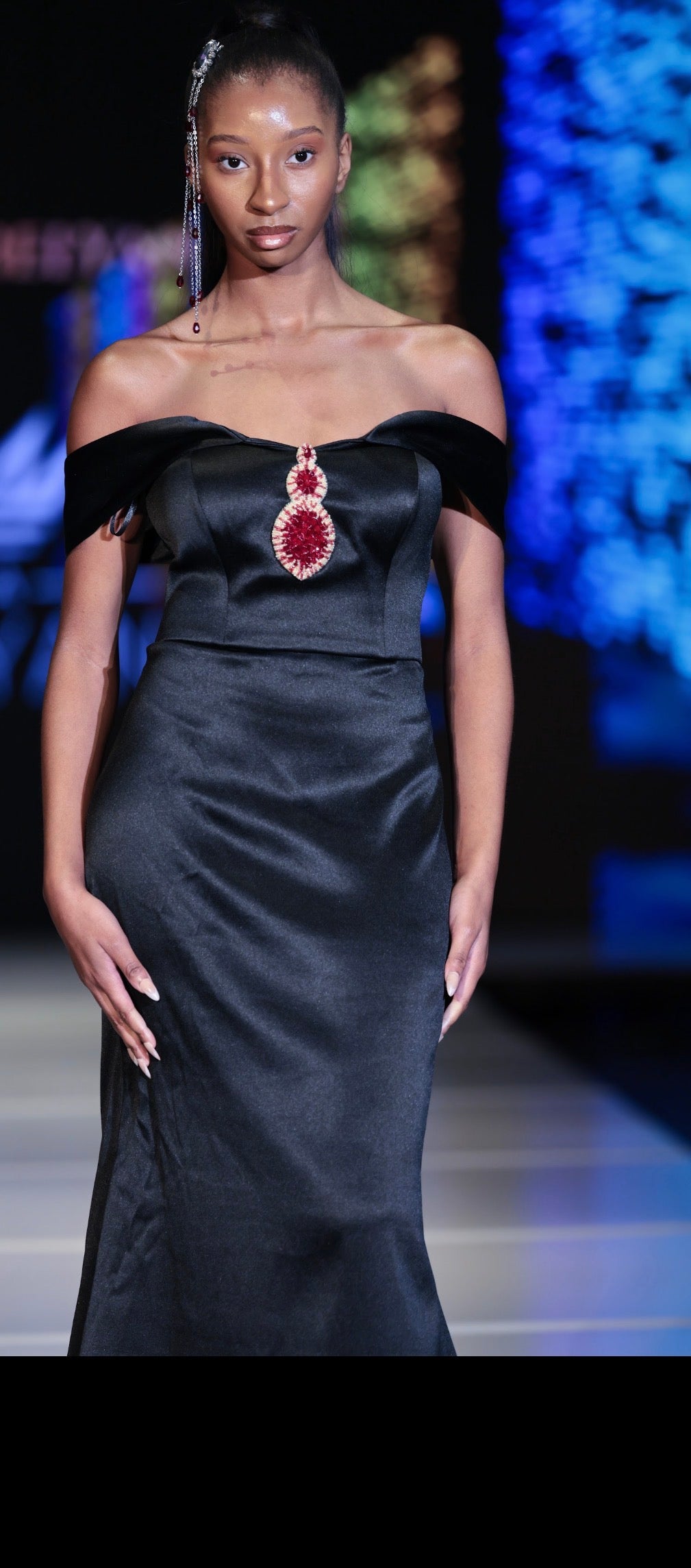 Black Off-Shoulder Gown with Signature Pomegranate Stone – Marina Karelyan Couture