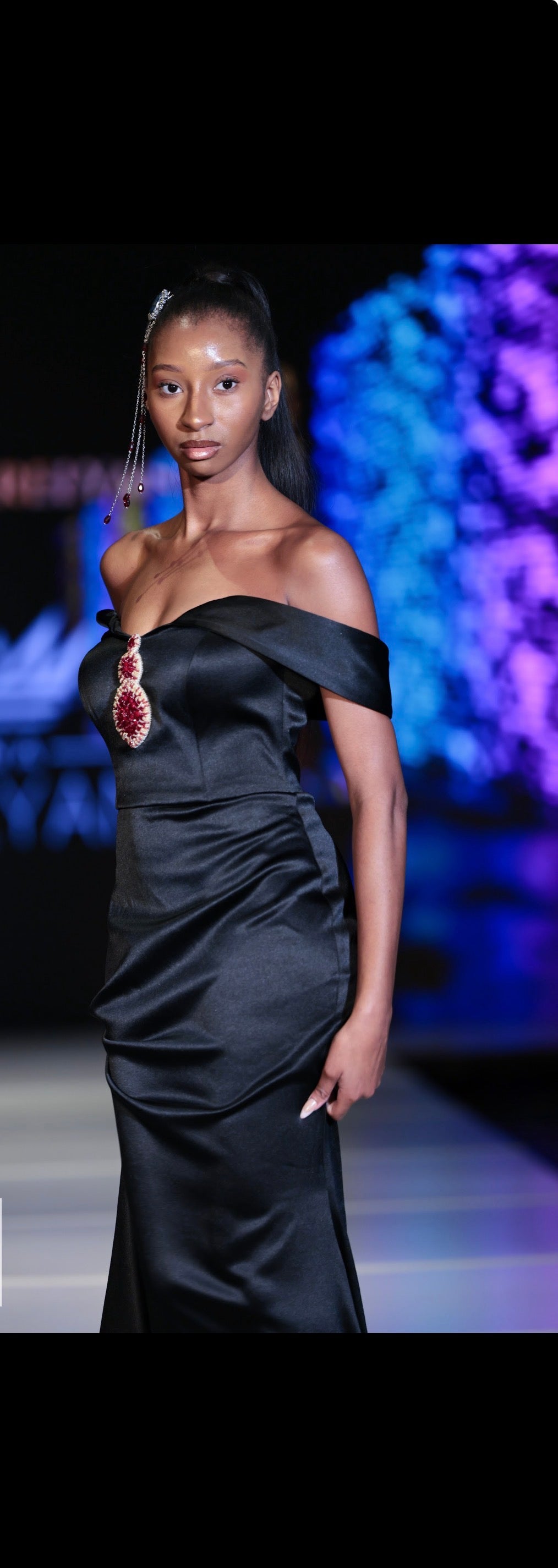 Black Off-Shoulder Gown with Signature Pomegranate Stone – Marina Karelyan Couture