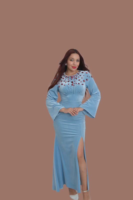 Ice Blue Velvet Gown with Crystal Embellishments