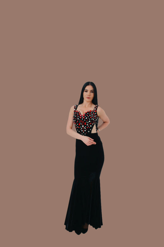 Black Cut-Out Velvet Gown with Red Crystal Embellishments