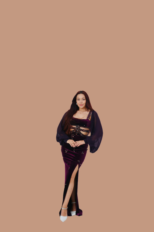 Plum Velvet Cut-Out Gown with Embellished Sleeves