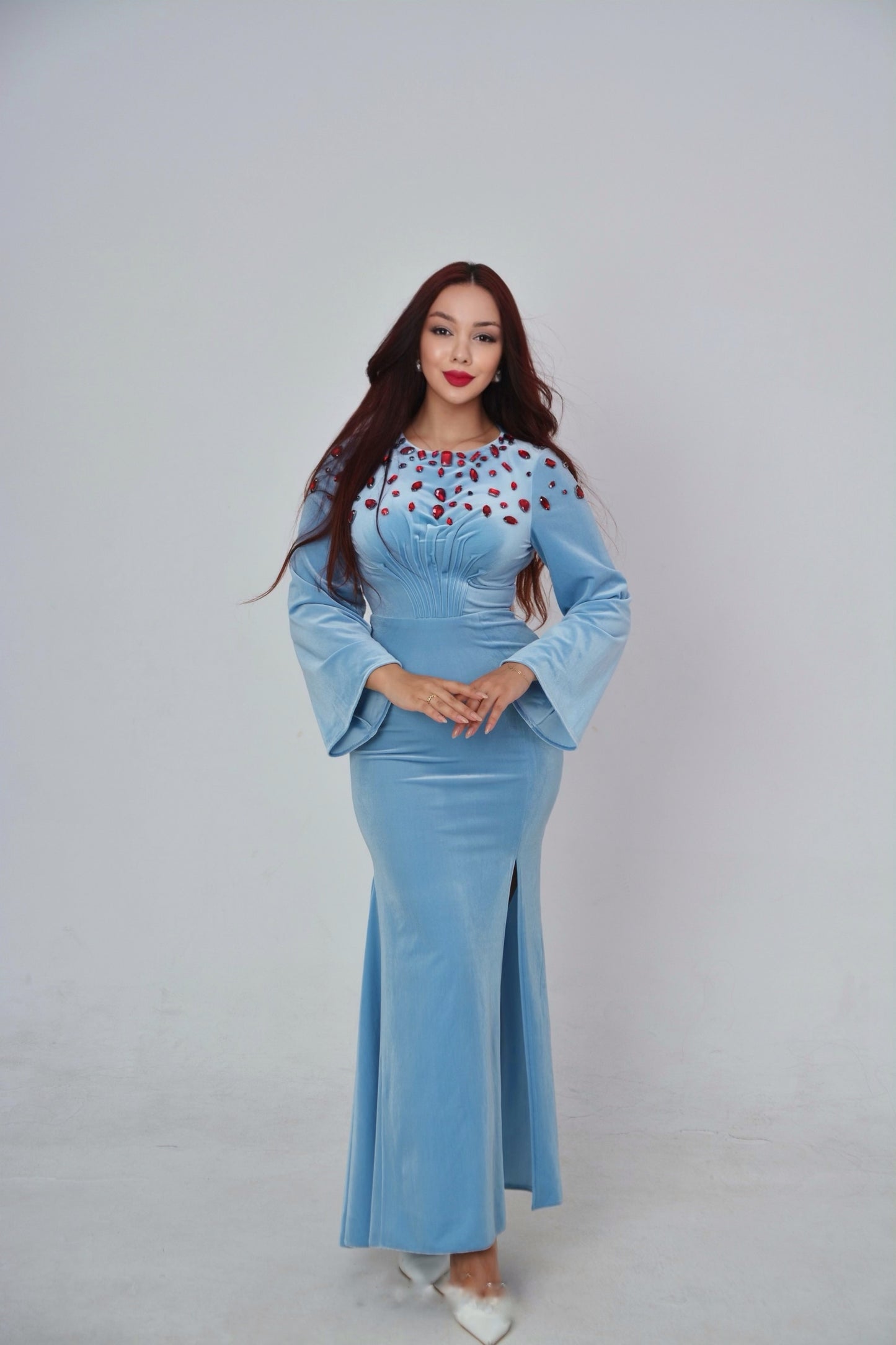 Ice Blue Velvet Gown with Crystal Embellishments