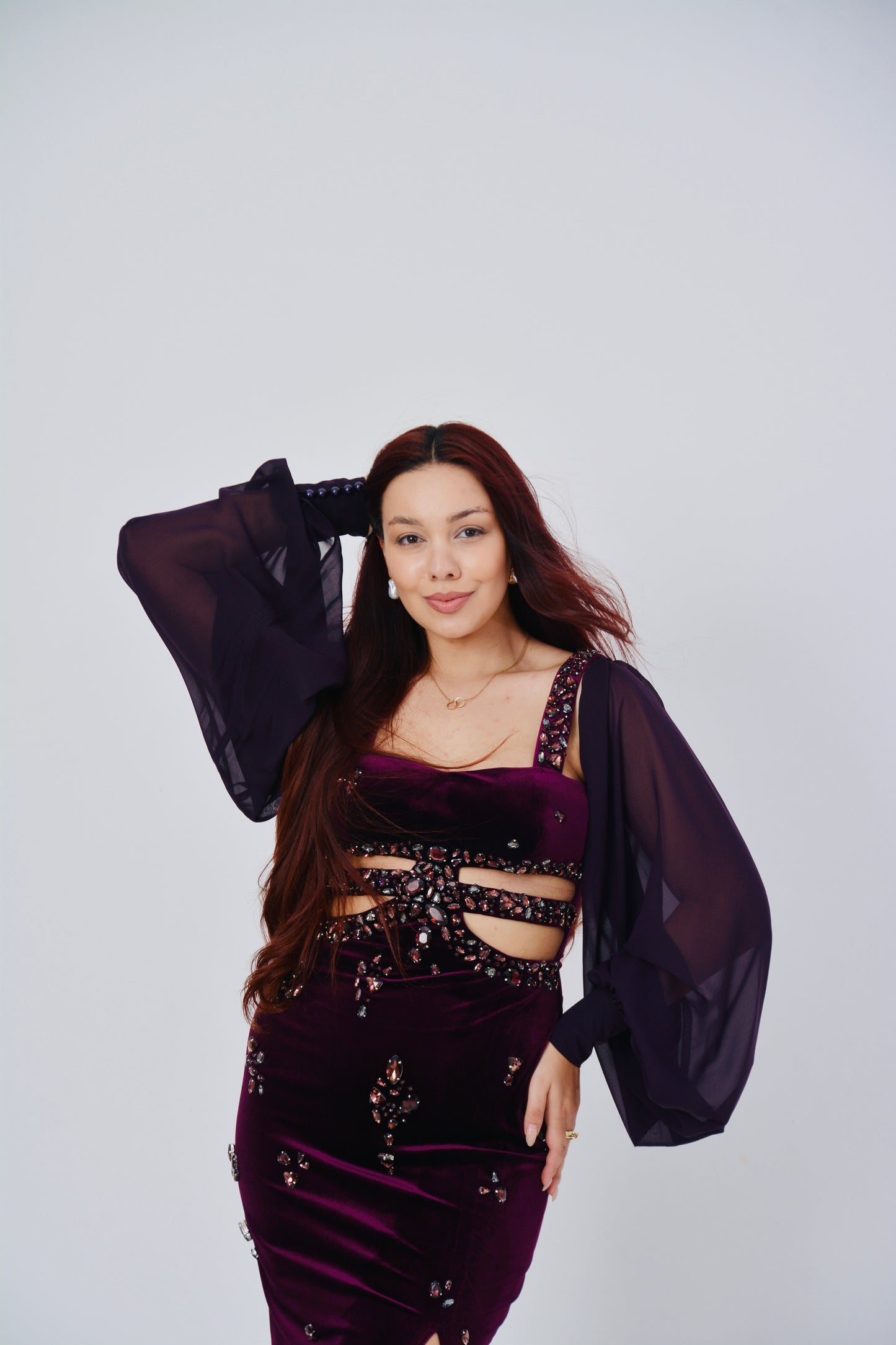 Plum Velvet Cut-Out Gown with Embellished Sleeves