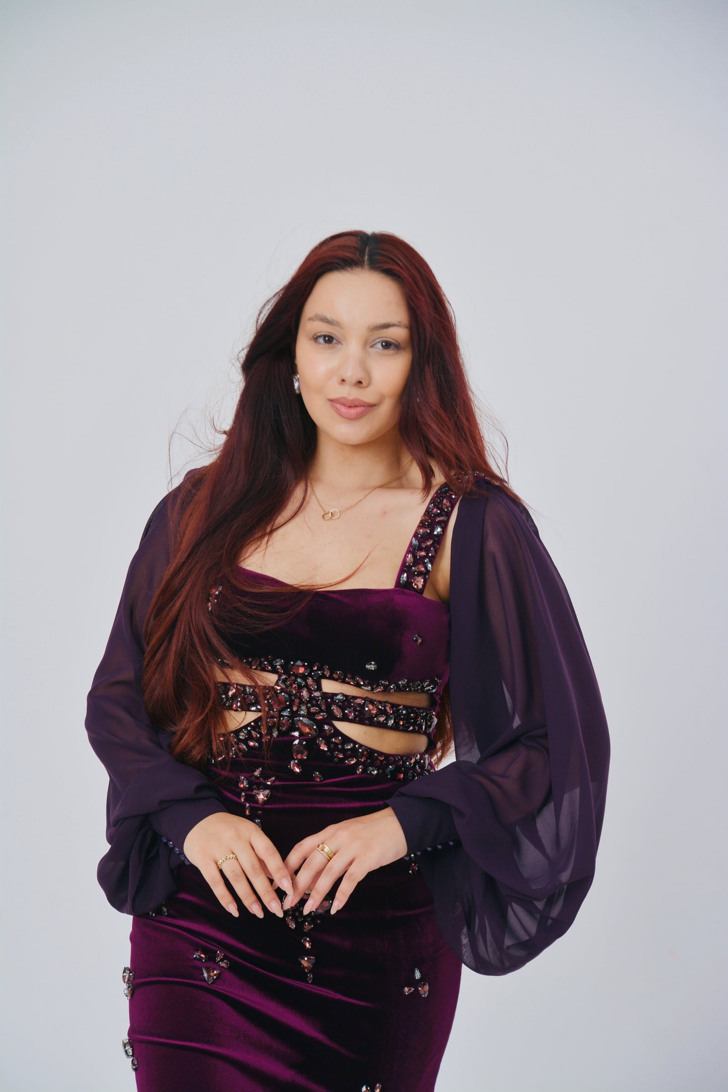 Plum Velvet Cut-Out Gown with Embellished Sleeves