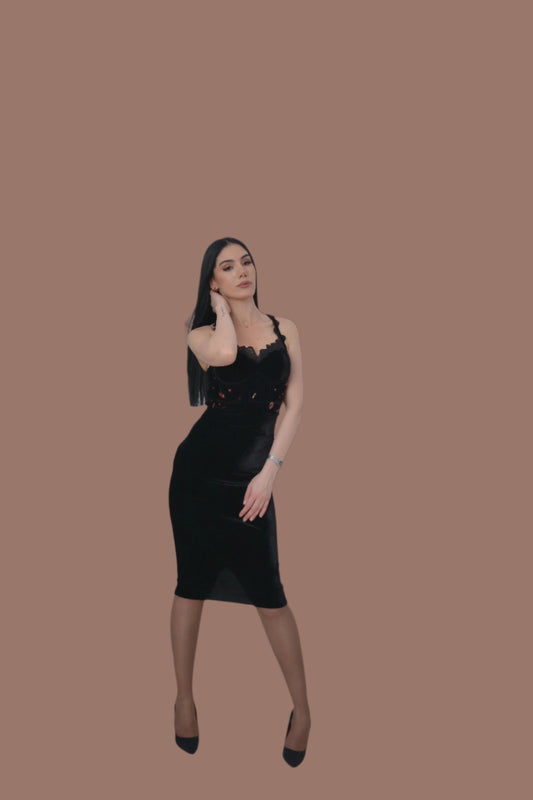 Elegant Black Velvet Midi Dress with Lace Detail