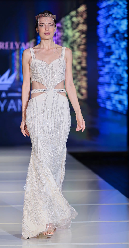 Luxury Crystal-Embellished Cutout Evening Gown